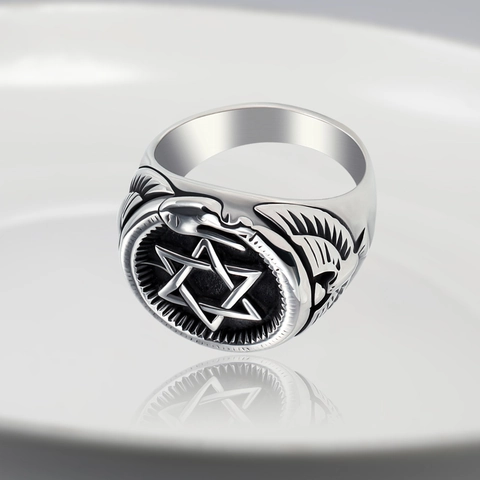 Vintage Titanium Steel Hexagram Skull Ring For Men Punk Gothic Eagle Wings Carved Band Antique Silver Retro Jewelry Gift
