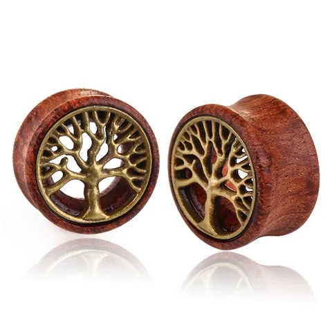 Plug per Orecchie in Legno Albero della Vita Vintage Intarsio in Lega Double Flare Tunnel Gauges Gioielli Piercing Unisex Un Pezzo