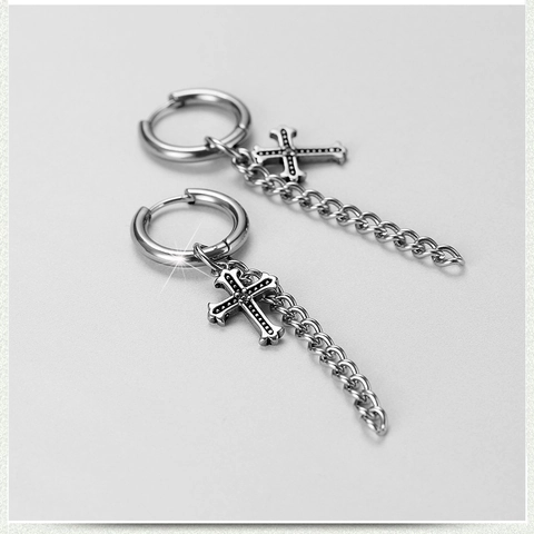Orecchini a Cerchio con Pendente a Croce in Acciaio al Titanio Punk Gothic per Uomo Donna Orecchini Pendenti con Nappa a Catena Lunga Gioielli