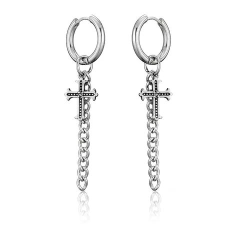 Orecchini a Cerchio con Pendente a Croce in Acciaio al Titanio Punk Gothic per Uomo Donna Orecchini Pendenti con Nappa a Catena Lunga Gioielli