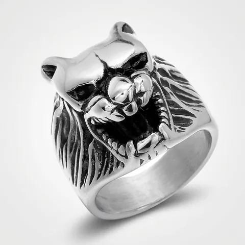 Anillo de Cabeza de Lobo de Acero Inoxidable Retro para Hombre Anillo de Motociclista de Animal Punk Rock Acabado en Plata Antigua Joyería Gótica