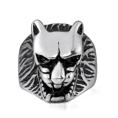 Anillo de Cabeza de Lobo de Acero Inoxidable Retro para Hombre Anillo de Motociclista de Animal Punk Rock Acabado en Plata Antigua Joyería Gótica