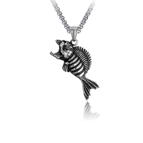 Vintage Piranha Fishbone Skeleton Pendant Necklace Hip Hop Punk Gothic Titanium Steel Jewelry For Men Boys No Chain Included
