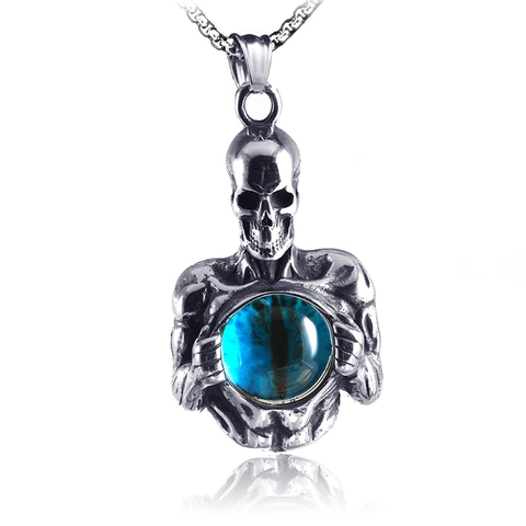 Collana con Ciondolo a Forma di Scheletro Gotico Punk in Acciaio Inossidabile Retrò Blu Malocchio Teschio per Festa Hip Hop Uomo Donna