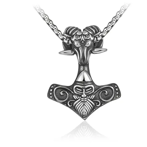 Viking Thor Hammer Pendant Necklace Vintage Stainless Steel Ram Head Mjolnir Norse Mythology Jewelry Men Amulet Accessory