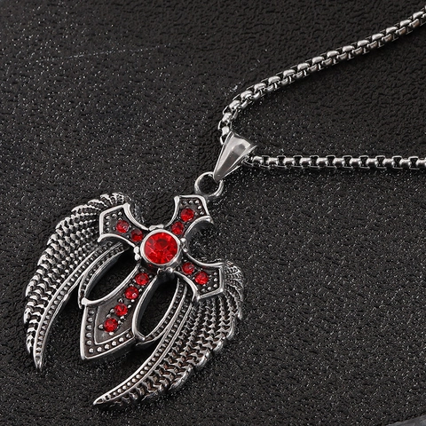 Collana con Ciondolo a Croce e Ali in Acciaio Inossidabile 316 Gotico Strass Rossi Vintage Hip Hop Apribottiglie Gioielli per Uomo Donna