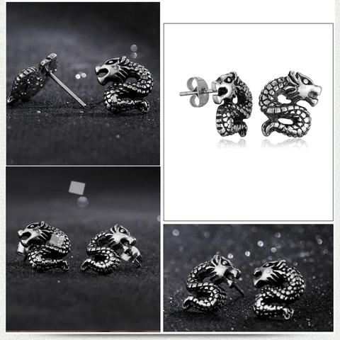 Stainless Steel Snake Dragon Stud Earrings For Men Women Vintage Gothic Coiled Snake Dragon Earrings Punk Jewelry Gift
