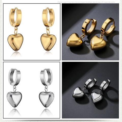 Punk Hip Hop Titaniumstaal Hart Hanger Oorringen Voor Vrouwen Hooggepolijst Goud Zilver Roestvrij Staal Oorsteker Rock Sieraden