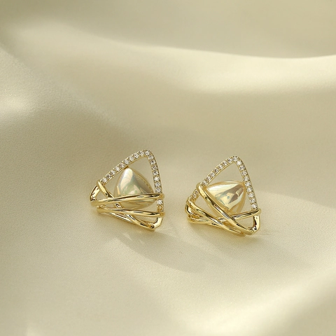 Orecchini a Bottone Triangolo in Lega di Lusso con Perla Artificiale e Perno in Argento Sterling 925 Gioielli Donna Oro Strass