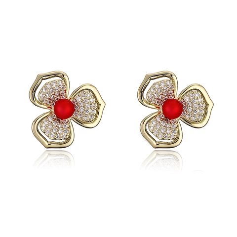 Elegant Retro Flower Stud Earrings With 925 Sterling Silver Earring Post Red Artificial Pearl Rhinestone Inlaid Gold Alloy Jewelry For Women