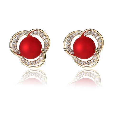 Vintage Elegante Rode Kunstparel Oorknopjes Voor Dames Legering Verguld Strass Ingelegd Geometrisch Spiraalontwerp Sieraden