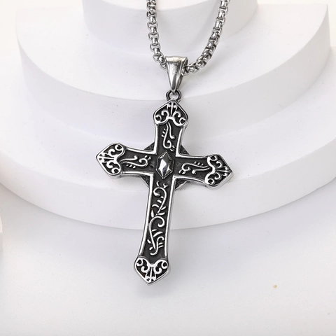 Retro Titanstahl Hohlkreuz Anhänger Halskette Für Herren Hip Hop Madonna Relief Antiksilber Boxkette Religiöser Schmuck