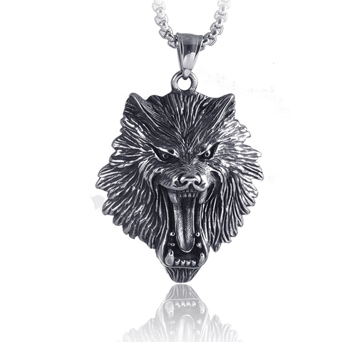 Collana con Ciondolo a Testa di Lupo Ruggente in Acciaio al Titanio Vintage per Uomo Hip Hop Punk Gotico Stile Animale Gioielli Argento Antico