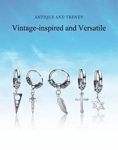 Vintage Punk Stainless Steel Cross Feather Drop Hoop Earrings For Men Women Dragon Pattern Gothic Unisex Jewelry