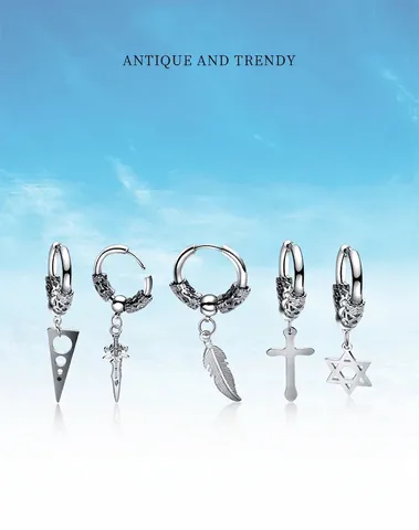 Gothic Stainless Steel Dagger Cross Hoop Earrings Punk Vintage Jewelry Unisex Silver Color Earring For Men Women
