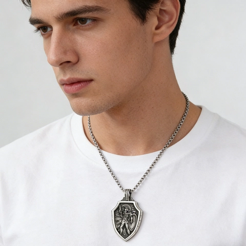 Retro Edelstahl Spartan Krieger Schild Anhänger Halskette Für Herren Antik Silber Emaille Kreuz Engel Schmuck Geschenk