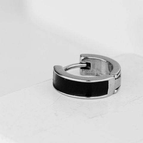 Orecchini a Cerchio Huggie in Acciaio Inossidabile per Donna Uomo Minimalista Geometrico Smalto Nero Intarsiato Gioielli