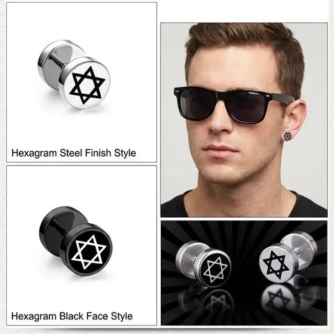 Herren Mode Hexagramm Titanstahl Hantel Ohrstecker Schwarz Silber Davidsstern Punk Street Style Schmuck