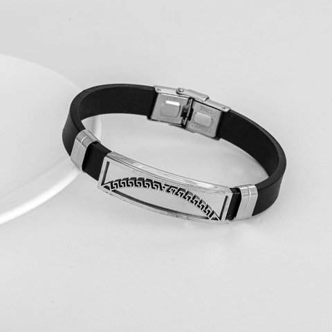 Men Stainless Steel Silicone Bracelet With Greek Key Pattern Hollow Out Design Personalized Casual Sporty Bangle Jewelry Gift