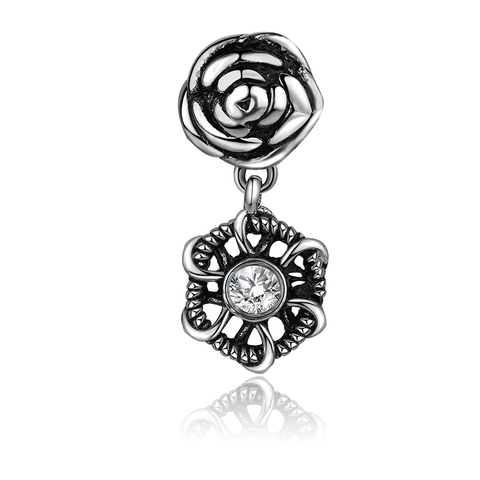 Pendientes de Botón de Acero de Titanio Vintage con Flor de Rosa y Diamantes de Imitación Blancos Plata Antigua para Mujer