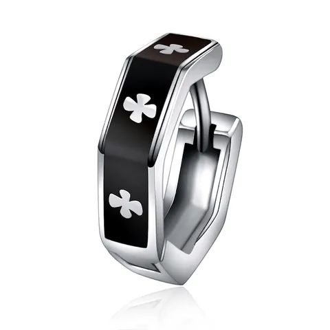 Korean Minimalist Hexagon Titanium Steel Hoop Earrings For Women Men Black Enamel Four Leaf Clover Pattern Trendy Earrings Jewelry