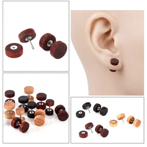 Unisex Wooden Dumbbell Stud Earrings For Men Women Stainless Steel Post Round Wood Geometric Hip Hop Rock Jewelry