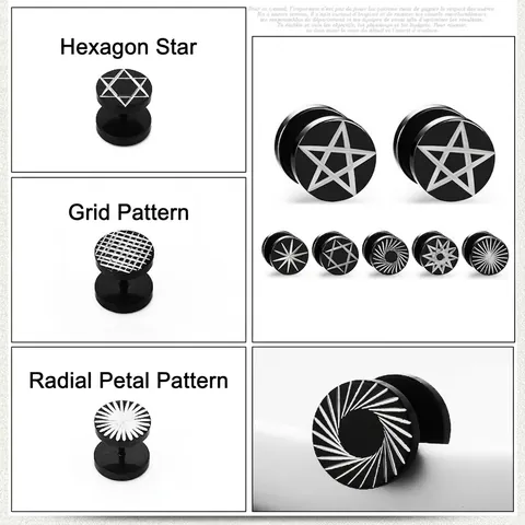 Edelstahl Hantel Ohrstecker Für Herren Damen Hip Hop Punk Rund Schwarz Geometrisches Muster Pentagramm Rock Schmuck