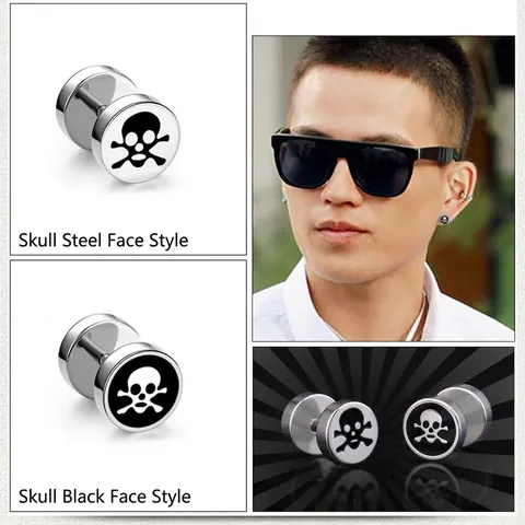 Titanium Steel Skull Dumbbell Stud Earrings For Men Women Punk Rock Barbell Ear Studs Black Silver Fashion Jewelry Accessory