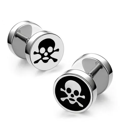 Titanium Steel Skull Dumbbell Stud Earrings For Men Women Punk Rock Barbell Ear Studs Black Silver Fashion Jewelry Accessory