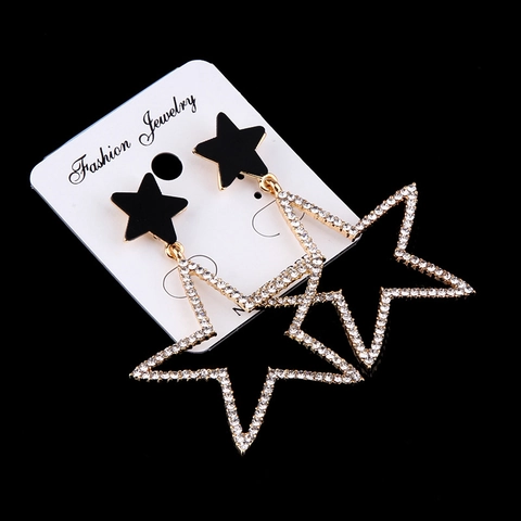 Boucles d'Oreilles Pendantes Doubles Étoiles Strass pour Femmes Style Coréen Plaqué Or Argent Étoile Noire Bijoux