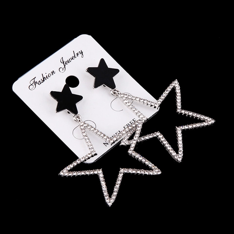 Boucles d'Oreilles Pendantes Doubles Étoiles Strass pour Femmes Style Coréen Plaqué Or Argent Étoile Noire Bijoux