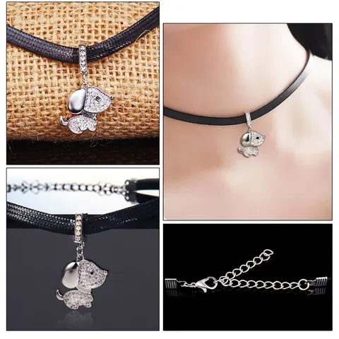 Gargantilla de Aleación de Estilo Coreano con Colgante de Perro de Dibujos Animados para Mujer Joyas de Animales de Pavé de Diamantes de Imitación Brillantes Cordón de Cuero Sintético Negro