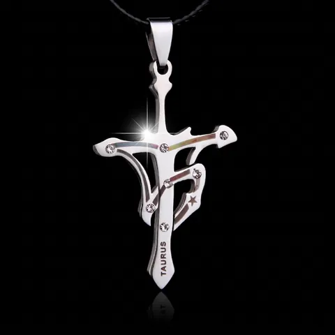 Collana con Pendente Zodiaco Toro in Acciaio Inossidabile 316L per Uomo Donna Croce con Strass Intarsiati Gioielli di Moda