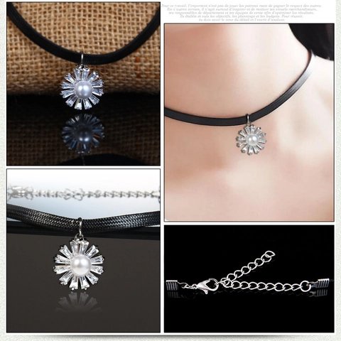 Collana Choker Girasole per Donna Pendente in Lega con Perla Artificiale e Strass Intarsiati Cordino in Pelle Sintetica
