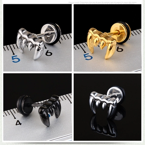 Orecchini a Bottone Retro a Forma di Dente di Lupo in Acciaio Inossidabile Punk Gothic Gioielli per Uomo Donna