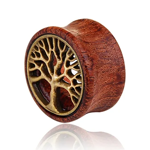 Vintage Lebensbaum Holz Ohr-Plugs Legierung Inlay Rotbraune Holz Ohr-Gauges Retro Unisex Body Schmuck Stretching Plugs