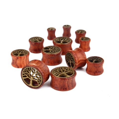 Vintage Lebensbaum Holz Ohr-Plugs Legierung Inlay Rotbraune Holz Ohr-Gauges Retro Unisex Body Schmuck Stretching Plugs