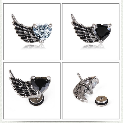 Pendientes de Botón de Acero de Titanio con Alas de Ángel y Corazón de Circonia Retro Gótico Alas para Fiesta de Halloween Joyería Mujer