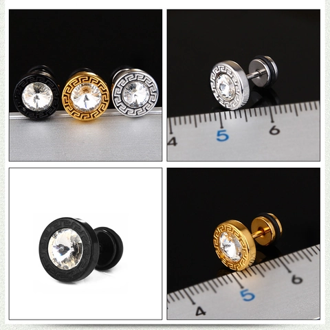 Vintage Titanstahl Runde Ohrstecker Mit Griechischem Schlüsselmuster Strass Eingelegt Unisex Punk Schmuck Zubehör
