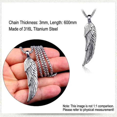 Vintage Hip Hop Wing Pendant Necklace For Men Stainless Steel Antiqued Feather Hollow Out Gothic Punk Jewelry Accessory