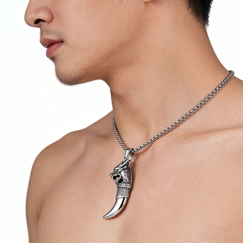 Collana con Ciondolo Testa di Drago e Dente di Lupo in Acciaio Inossidabile Retrò Hip Hop Street Totem per Uomo Donna