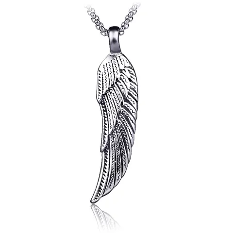 Vintage Hip Hop Wing Pendant Necklace For Men Stainless Steel Antiqued Feather Hollow Out Gothic Punk Jewelry Accessory
