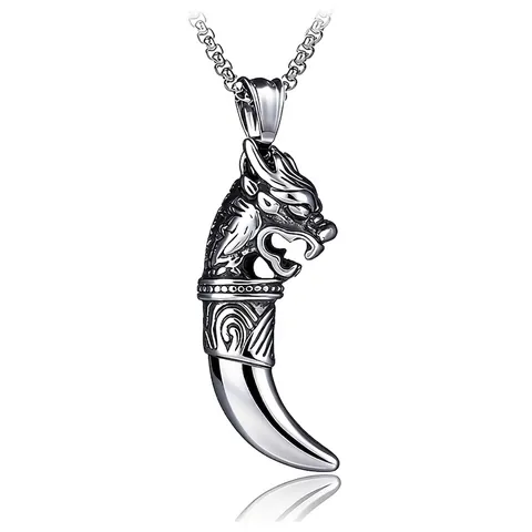 Collana con Ciondolo Testa di Drago e Dente di Lupo in Acciaio Inossidabile Retrò Hip Hop Street Totem per Uomo Donna