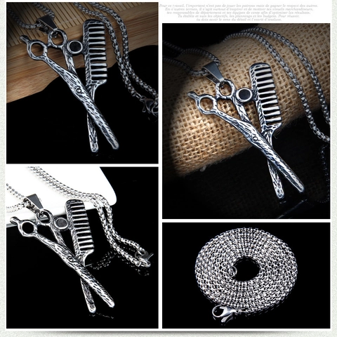 Vintage Titanium Steel Scissors And Comb Pendant Necklace For Men Hip Hop Streetwear Antique Silver Finish Barber Jewelry Necklace