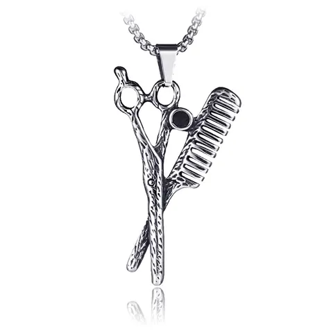Vintage Titanium Steel Scissors And Comb Pendant Necklace For Men Hip Hop Streetwear Antique Silver Finish Barber Jewelry Necklace