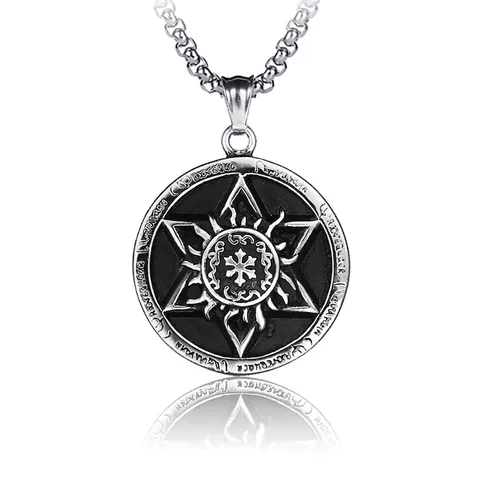 Collana con Ciondolo a Esagramma in Acciaio Inossidabile Vintage Ciondolo a Stella Rune Sole Scudo Hip Hop Gioielli Street per Uomo Donna