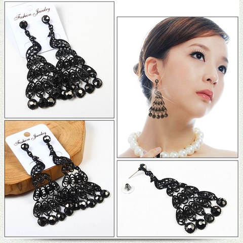 Vintage Black Alloy Rhinestone Peacock Drop Earrings Exaggerated Long Nightclub Party Statement Earrings For Women Fashion Jewelry