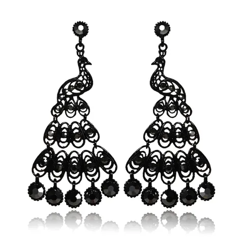Vintage Black Alloy Rhinestone Peacock Drop Earrings Exaggerated Long Nightclub Party Statement Earrings For Women Fashion Jewelry