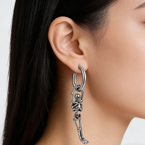 Rétro Boucles d'oreilles Créoles Squelette en Acier Inoxydable 304 Hommes Femmes Gothique Squelette Complet Halloween Bijoux