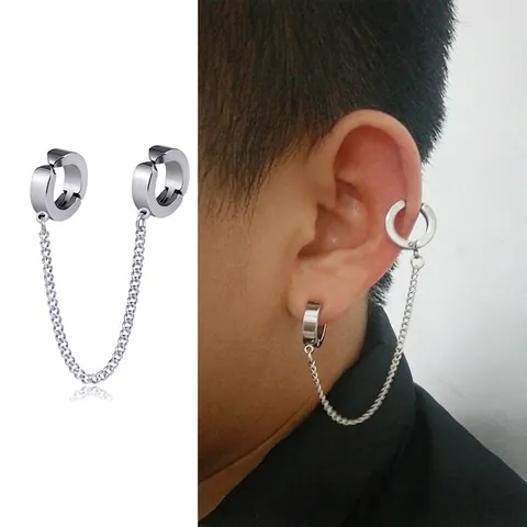 Titanstahl Kette Doppelring Ohrmanschette Ohrringe Punk Minimalistisch Silberfarbe Durchstochen Clip On Herren Damen Schmuck